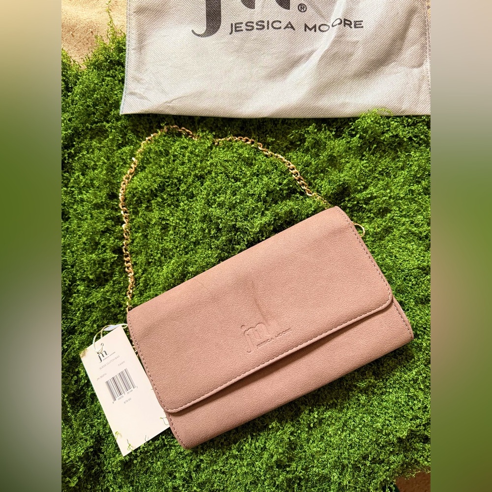 JESSICA MOORE Suede Springtime Clutch Bag in FAWN with Gold Detachable Chain